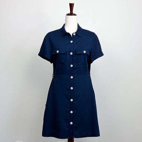 Something, Somewhere Navy Blue Linen Utility Cargo Mini Dress - Picture 1 of 8